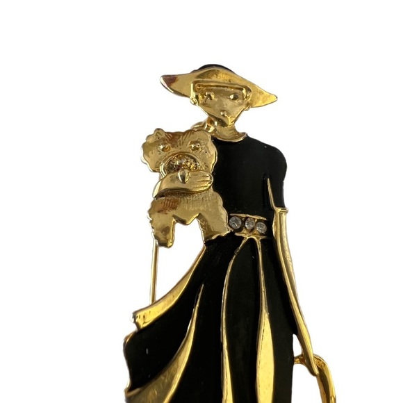 Beautiful Classy Enamel Lady and Dog Brooch Pin.  Crystals - Picture 2 of 6